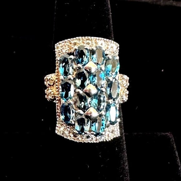 Sterling Silver London Blue Topaz & Czs Cocktail Statement Ring – Size 6 - Picture 2 of 15